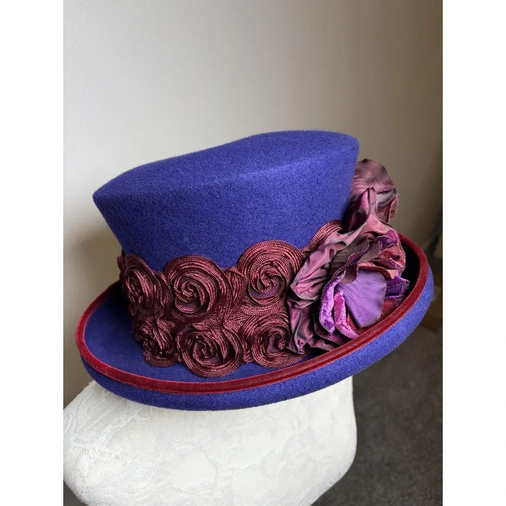 Vtg 80's Eric Javits NY Purple Wool Mad Hatter Hat~Womens~ Burgundy Flowers USA - Picture 7 of 14